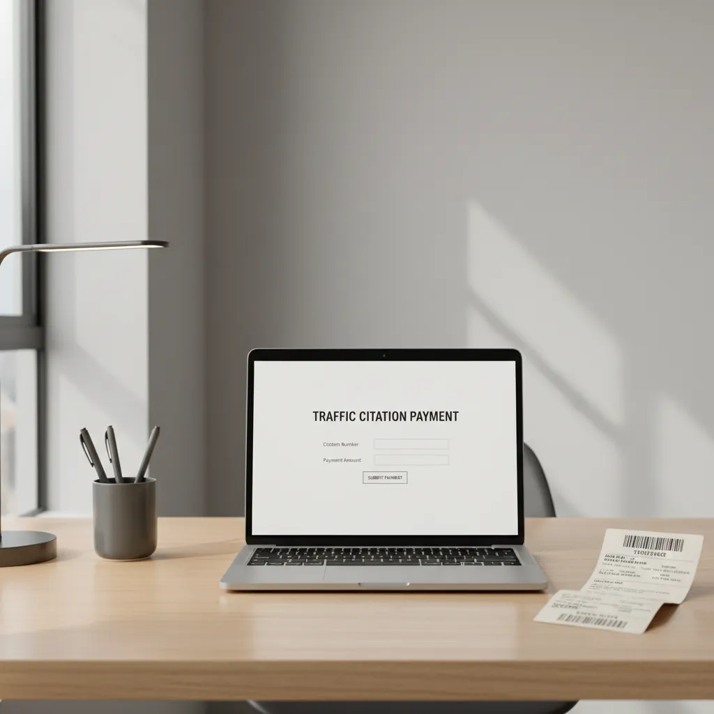 Laptop displaying traffic ticket payment portal with citation notice beside it