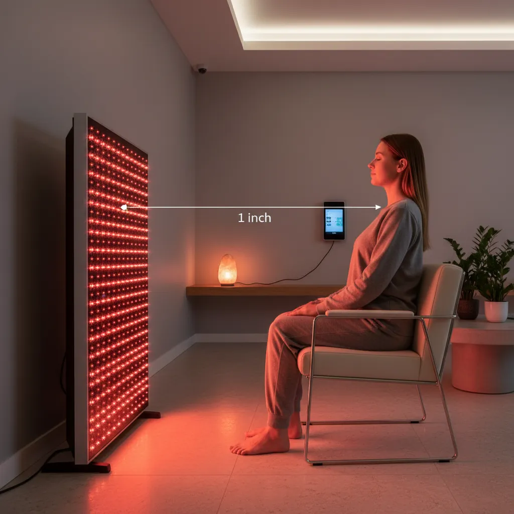 Demonstration of proper distance from red light therapy panel