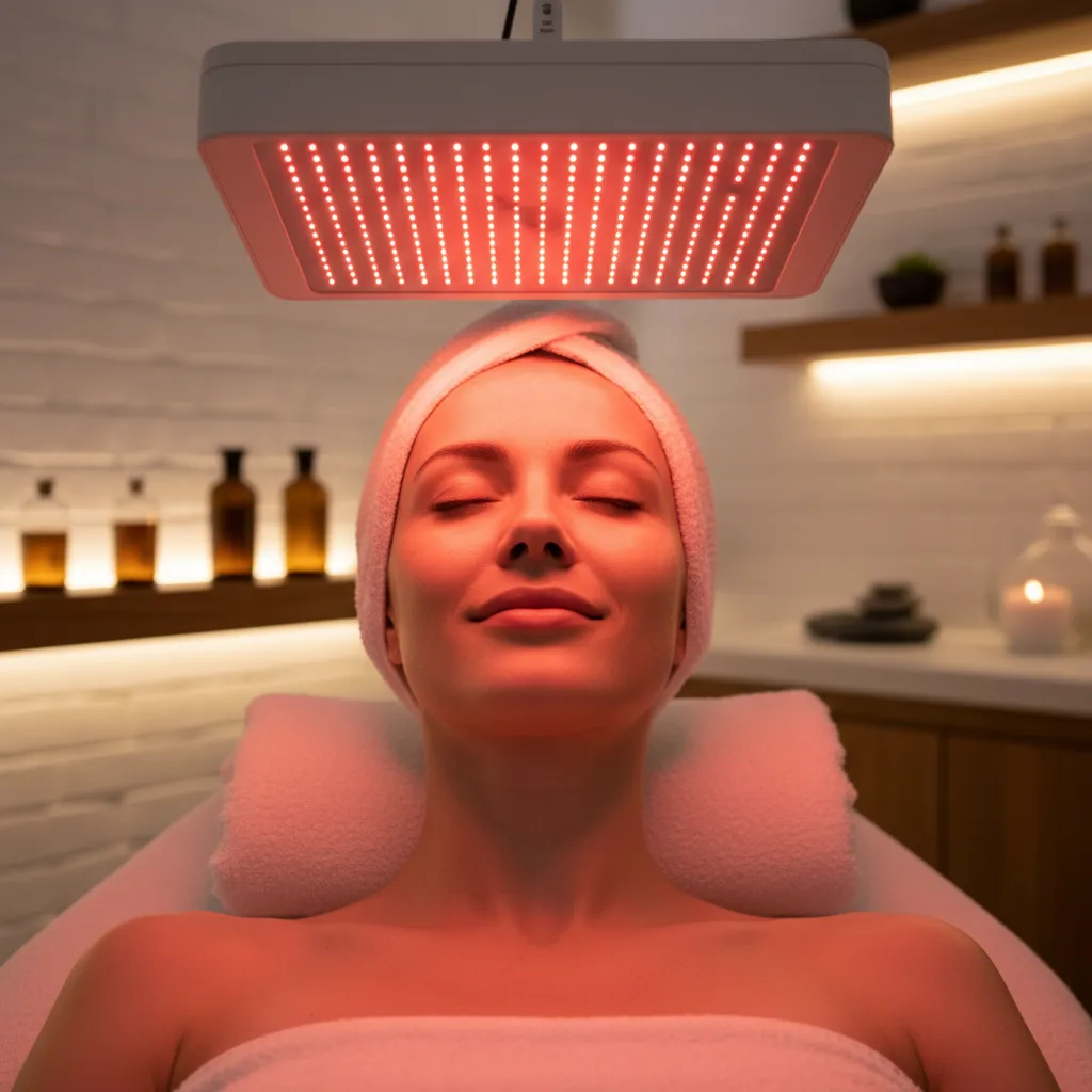 Close view of facial red light therapy panel treatment