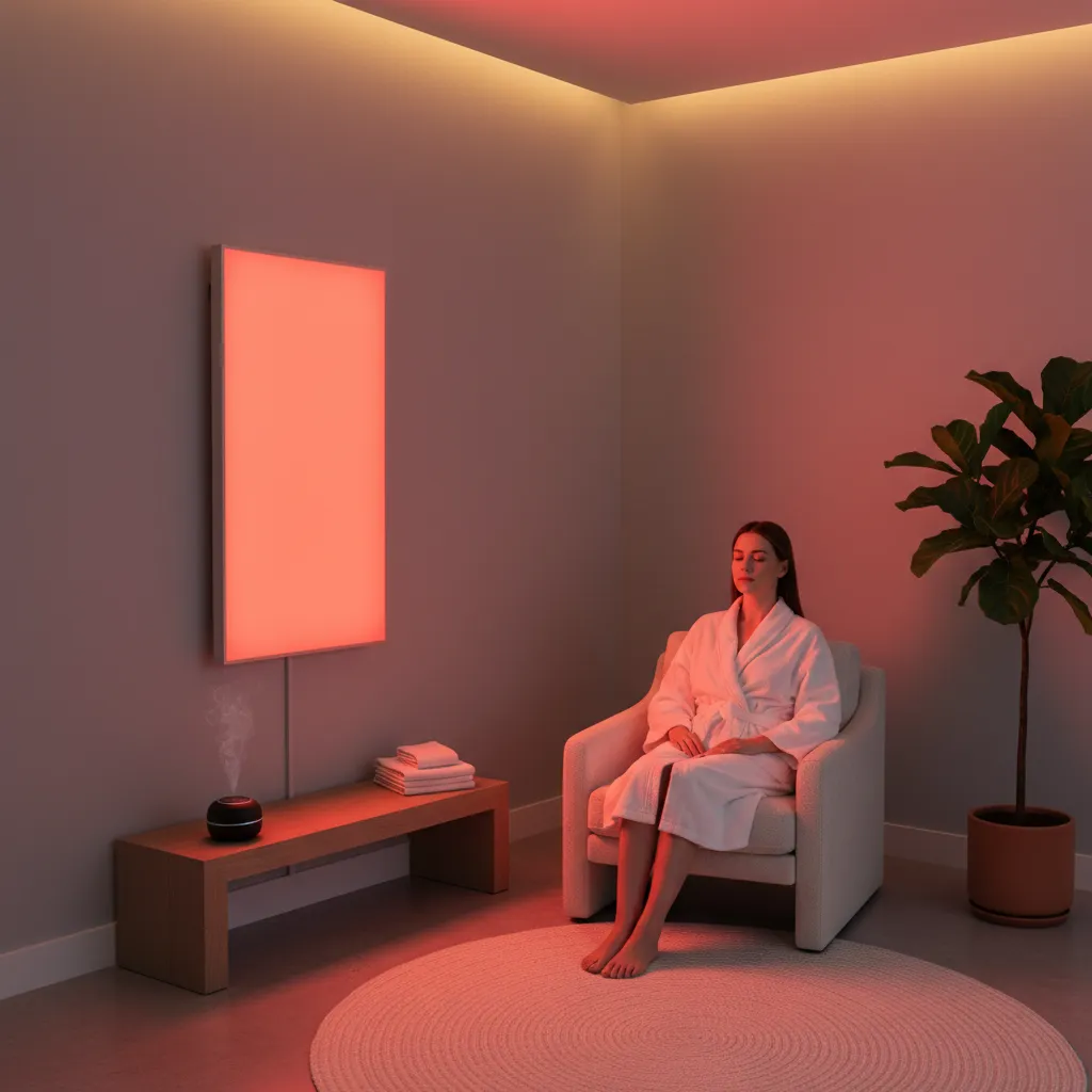 Person using a red light therapy panel at home wellness setup