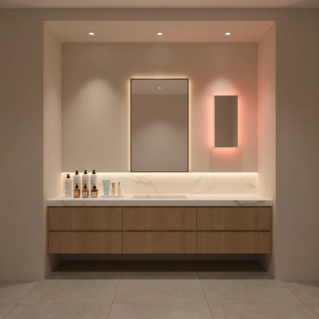 Modern home skincare setup with red light therapy panel near a vanity mirror