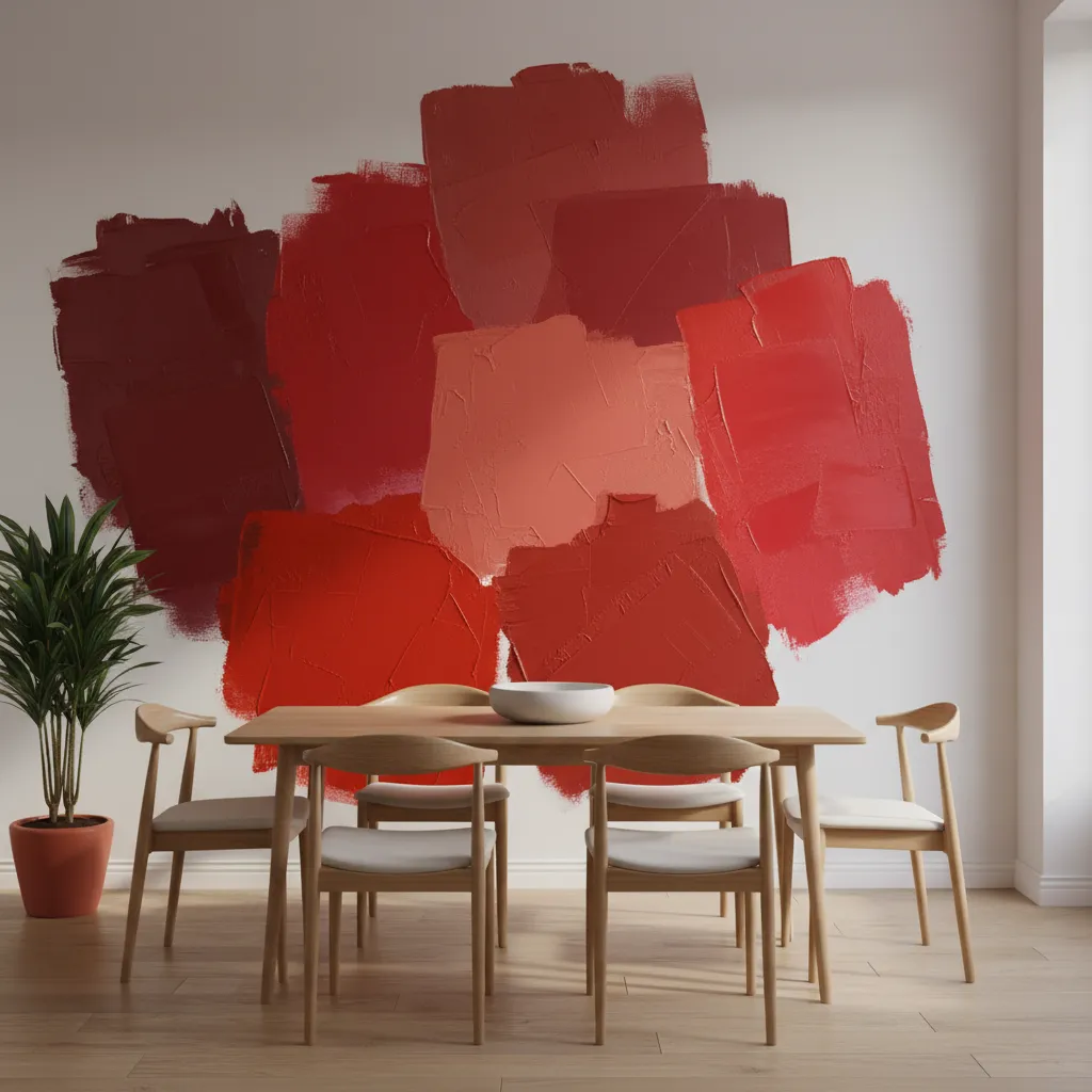Large red paint samples tested on dining room wall