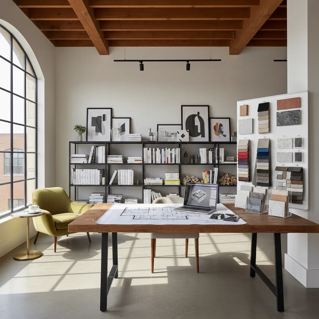 Diseñador trabajando en estudio con planos y catálogo de proveedores