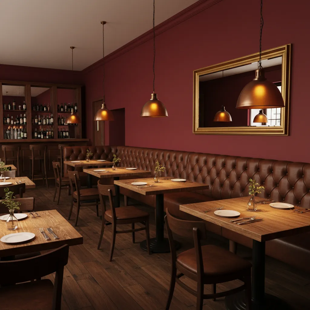 Restaurant dining room with red walls and warm pendant lighting