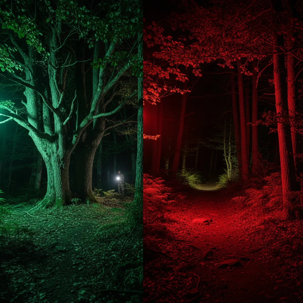 comparison of red and green hunting light illumination in forest terrain