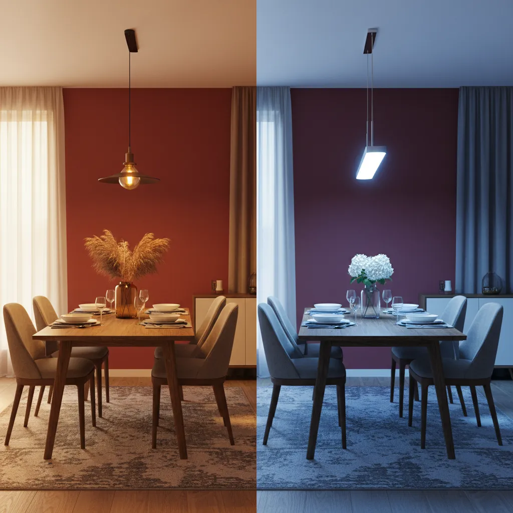 comparison of warm and cool lighting on red dining room walls