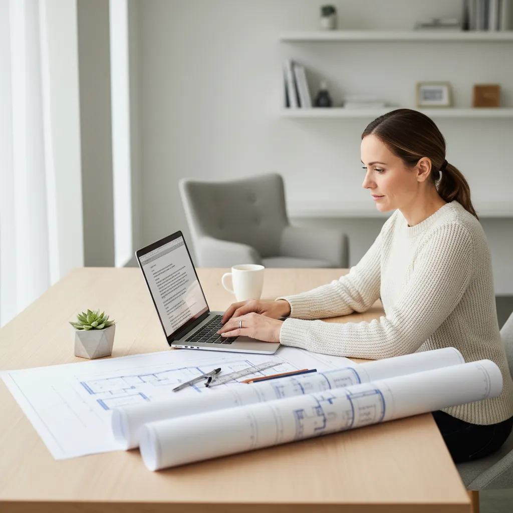 Diseñador escribiendo documentación de proyecto de interiorismo