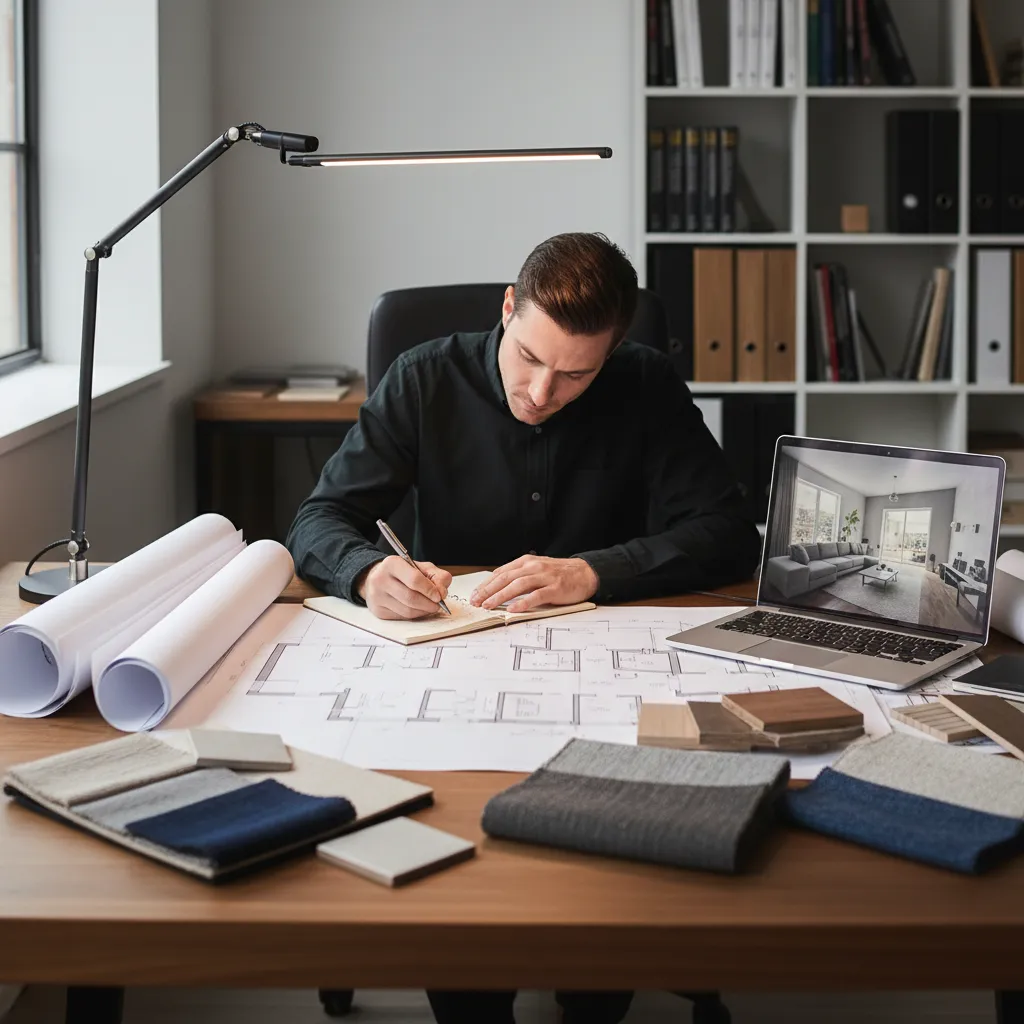 Diseñador escribiendo documentación técnica junto a planos de interiorismo