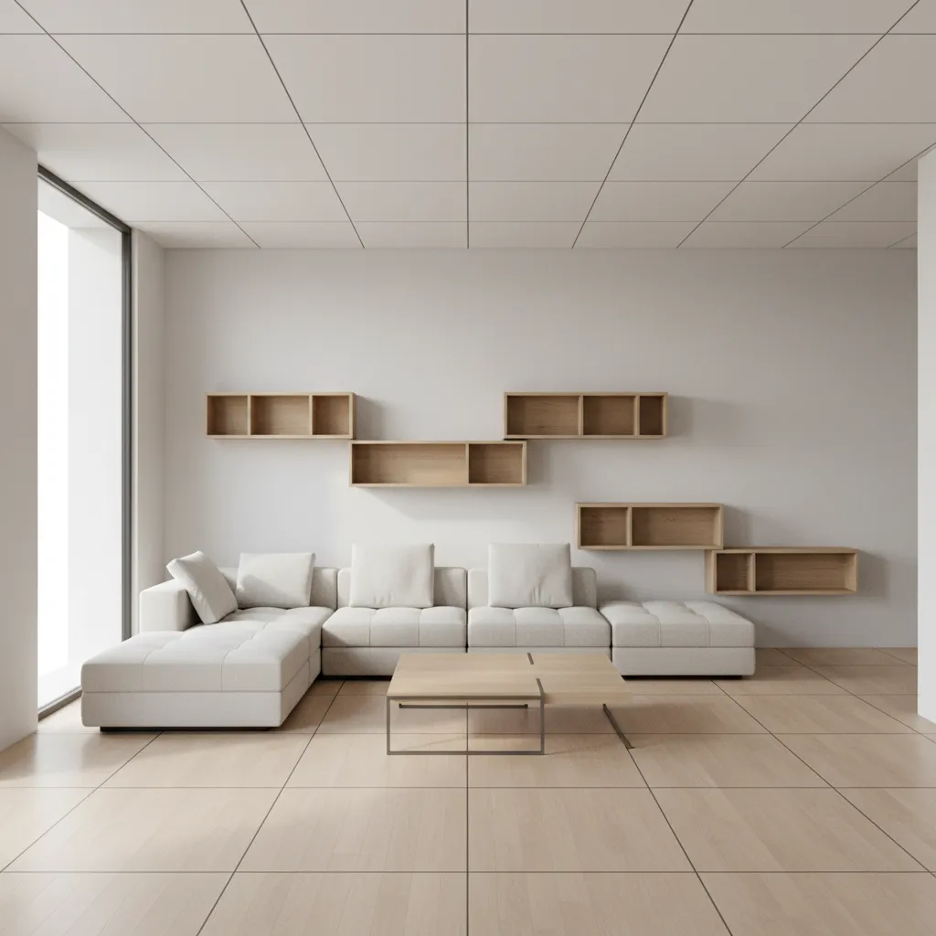 Minimalist living room with white sofa wooden coffee table floating wall shelves and tiled floor