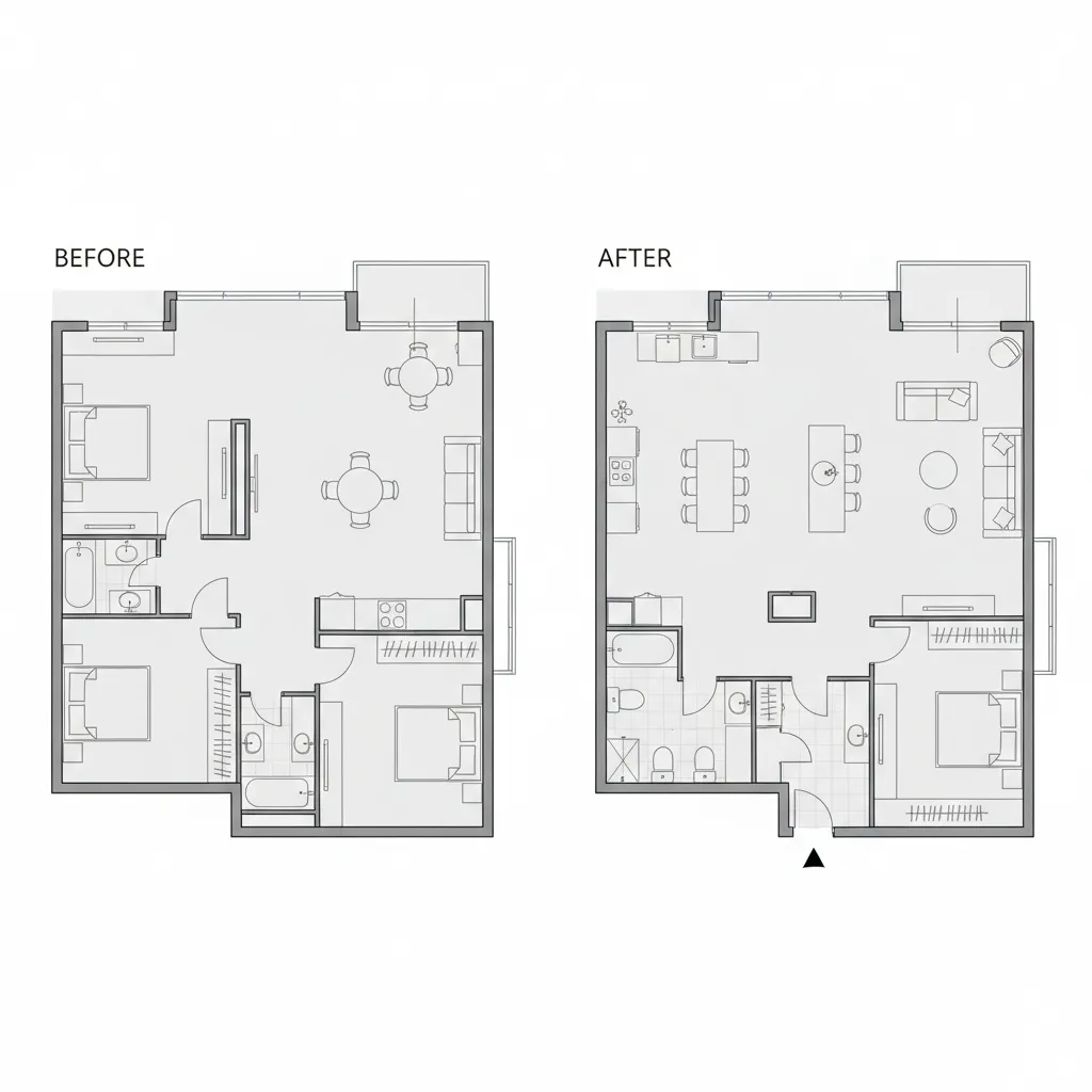 Comparación de plano original y rediseño de apartamento pequeño