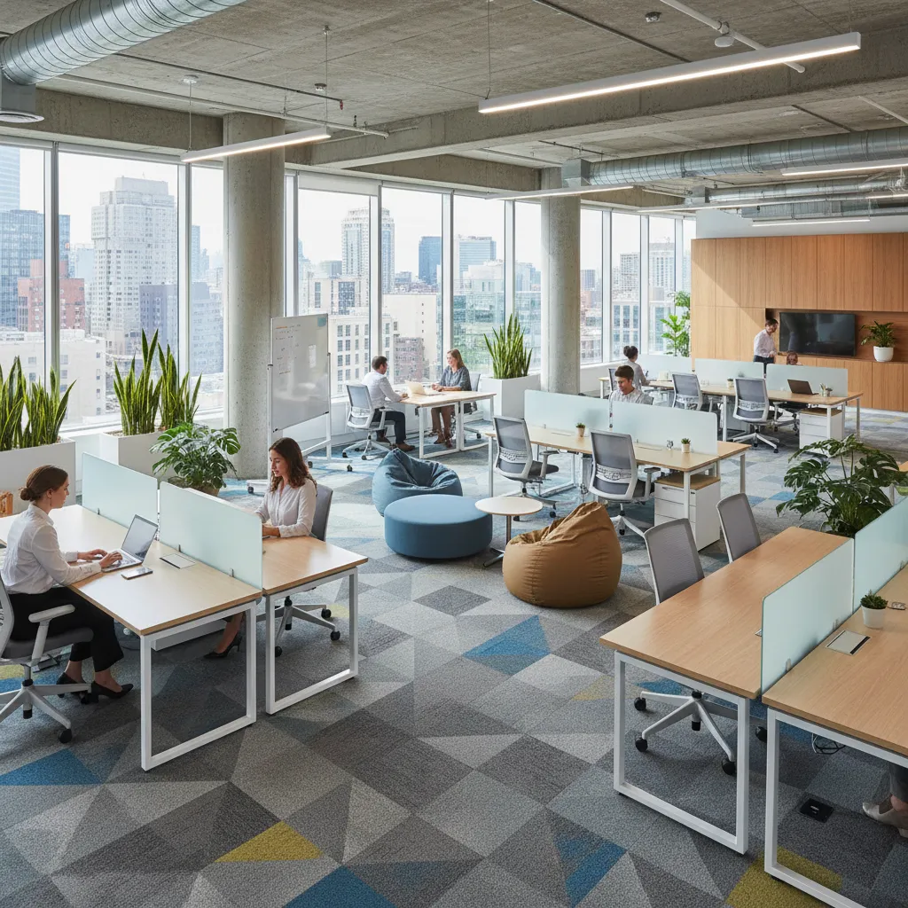 Oficina reorganizada con muebles modulares y zonas flexibles