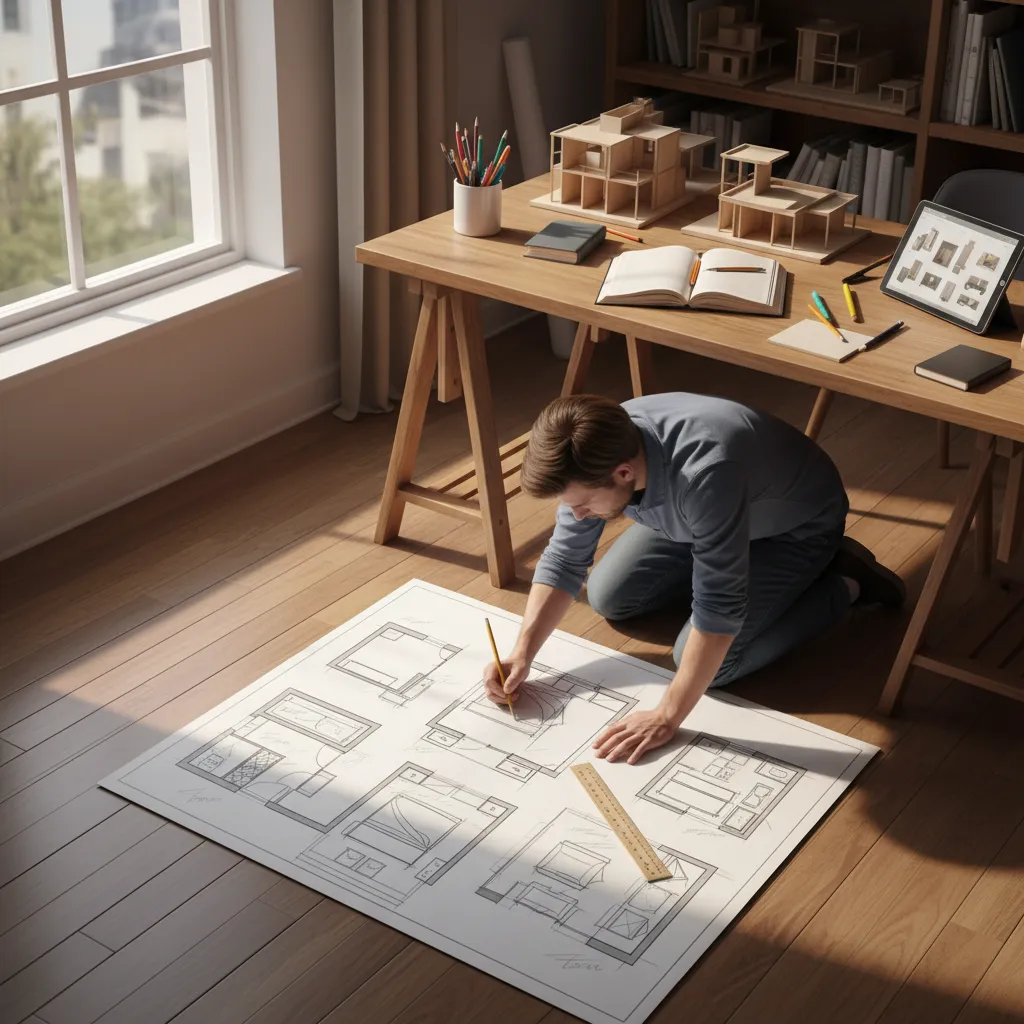 Man kneeling on wooden floor drawing on large paper floor plan in bright sunlit office