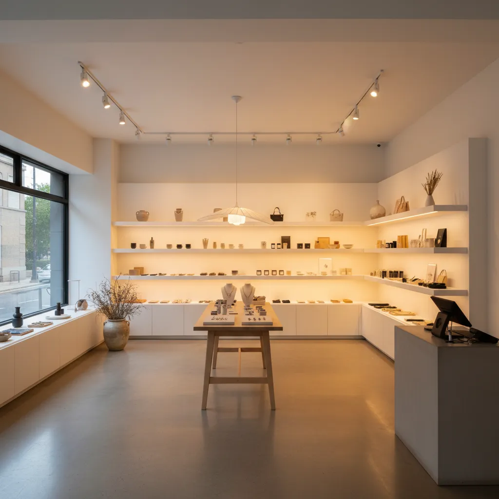 Pequeña tienda reorganizada con mejor iluminación y mobiliario