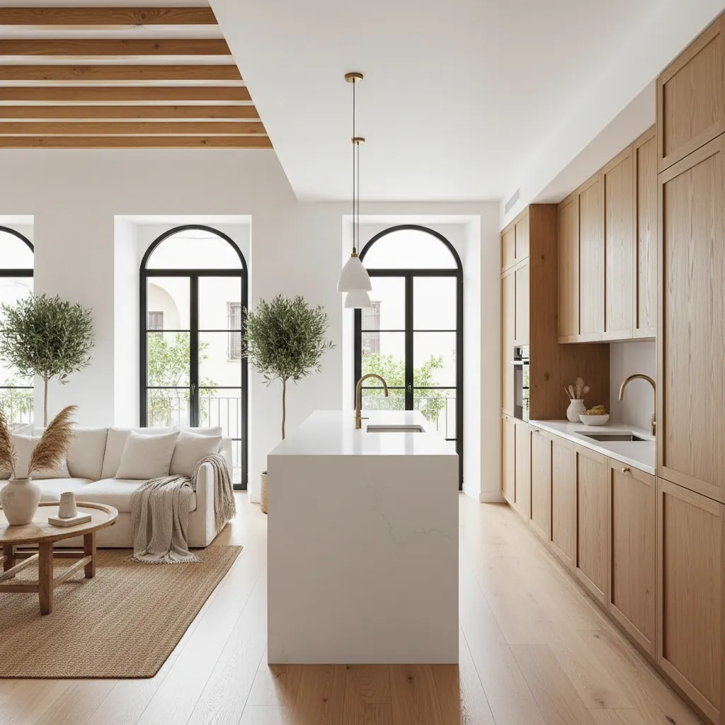 Salón con cocina abierta en un piso mediterráneo