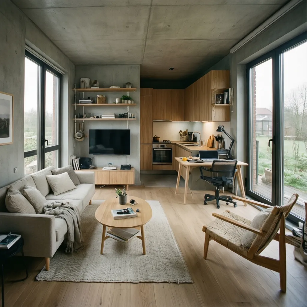 Modern open room layout with grey sofa wooden kitchen desk chair large windows and floor