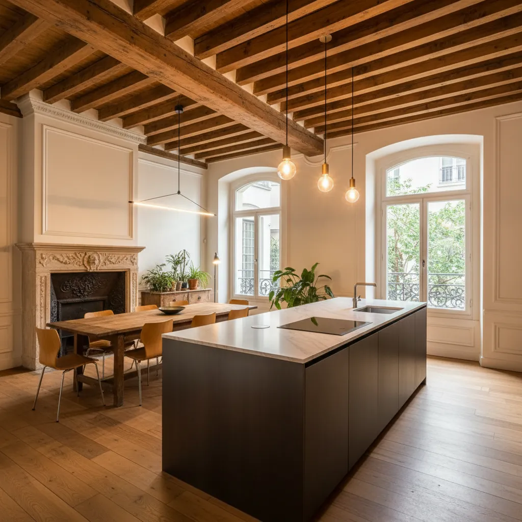 Cocina parcialmente abierta conectada con comedor en una casa antigua