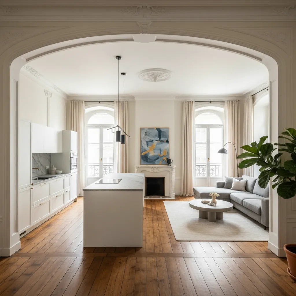 Modern open plan kitchen and living room with white island, grey sofa, and marble fireplace