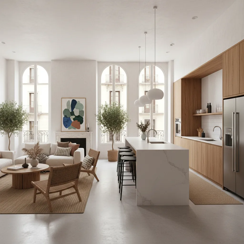 Cocina abierta conectada con salón en reforma de piso antiguo