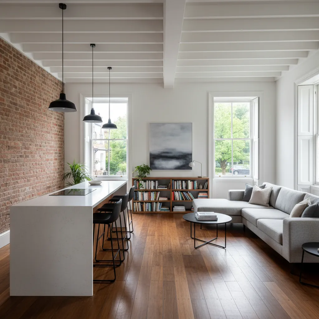 Salón y cocina abiertos en reforma de vivienda antigua