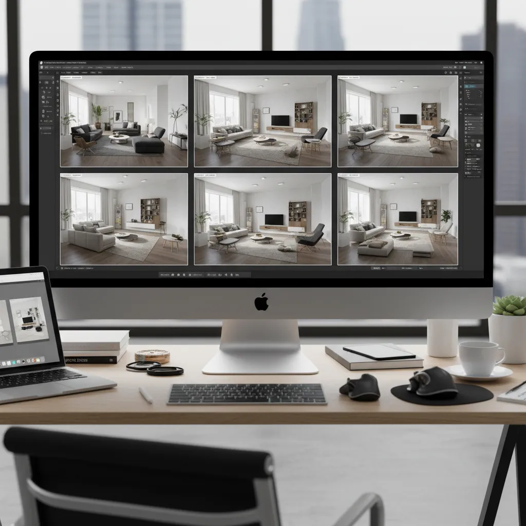 Pantalla mostrando diferentes distribuciones de muebles en una habitación