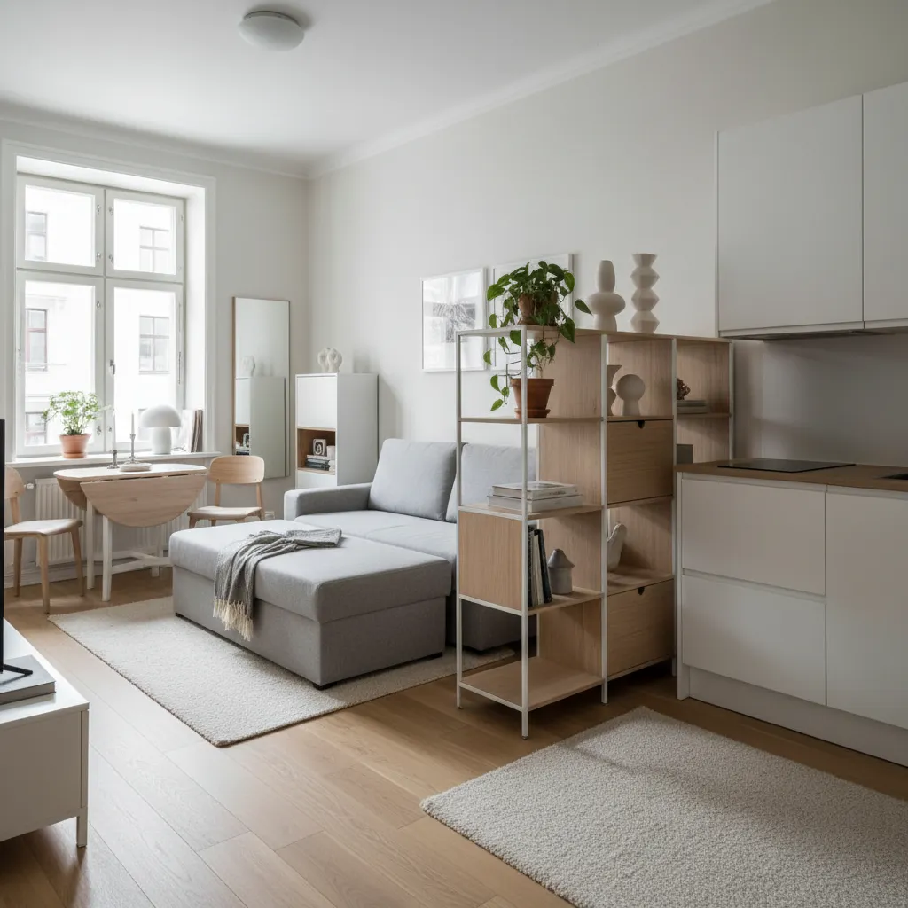 Small studio room layout with grey sofa wooden shelving white kitchen cabinets and natural light
