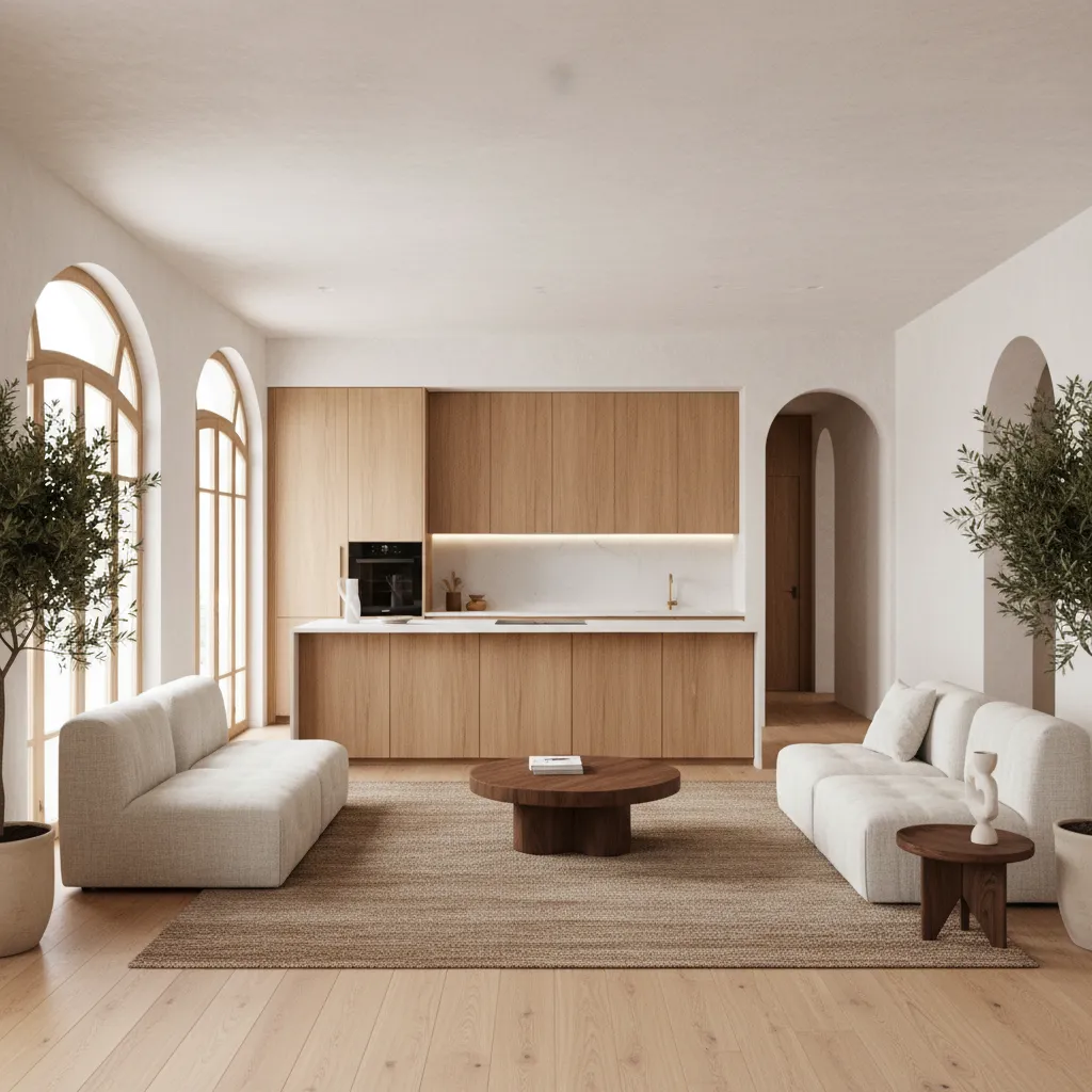 Redistribución de salón y cocina en vivienda moderna