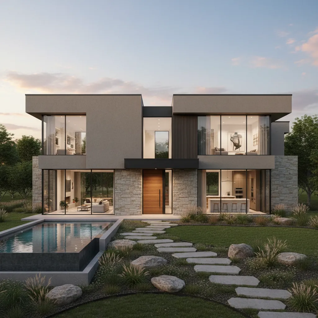 Modern house exterior featuring large windows stone walls swimming pool and a stone garden pathway