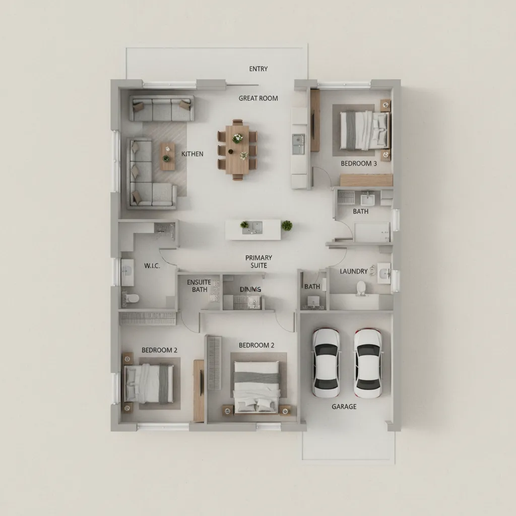 Architectural diagram showing reduced hallway space in a one story floor plan