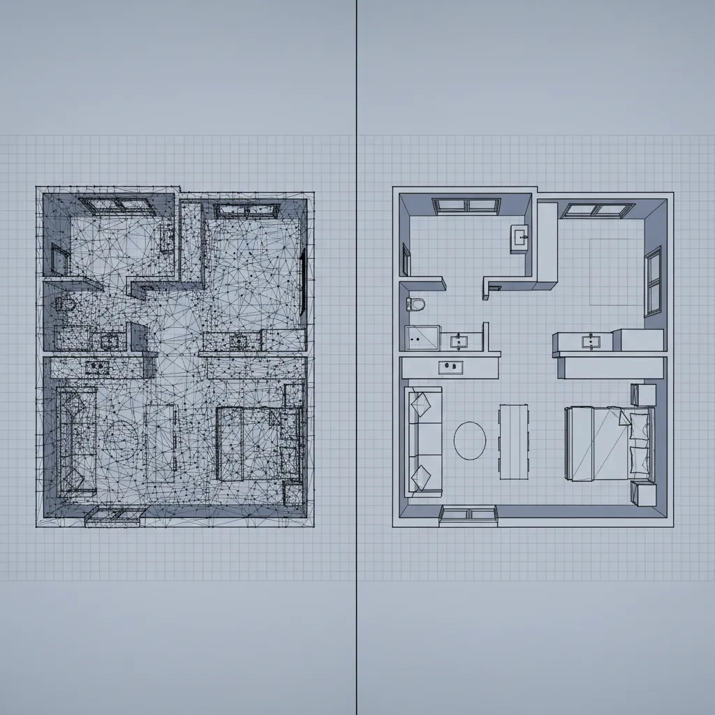 comparison of dense vs optimized floor plan mesh with fewer vertices