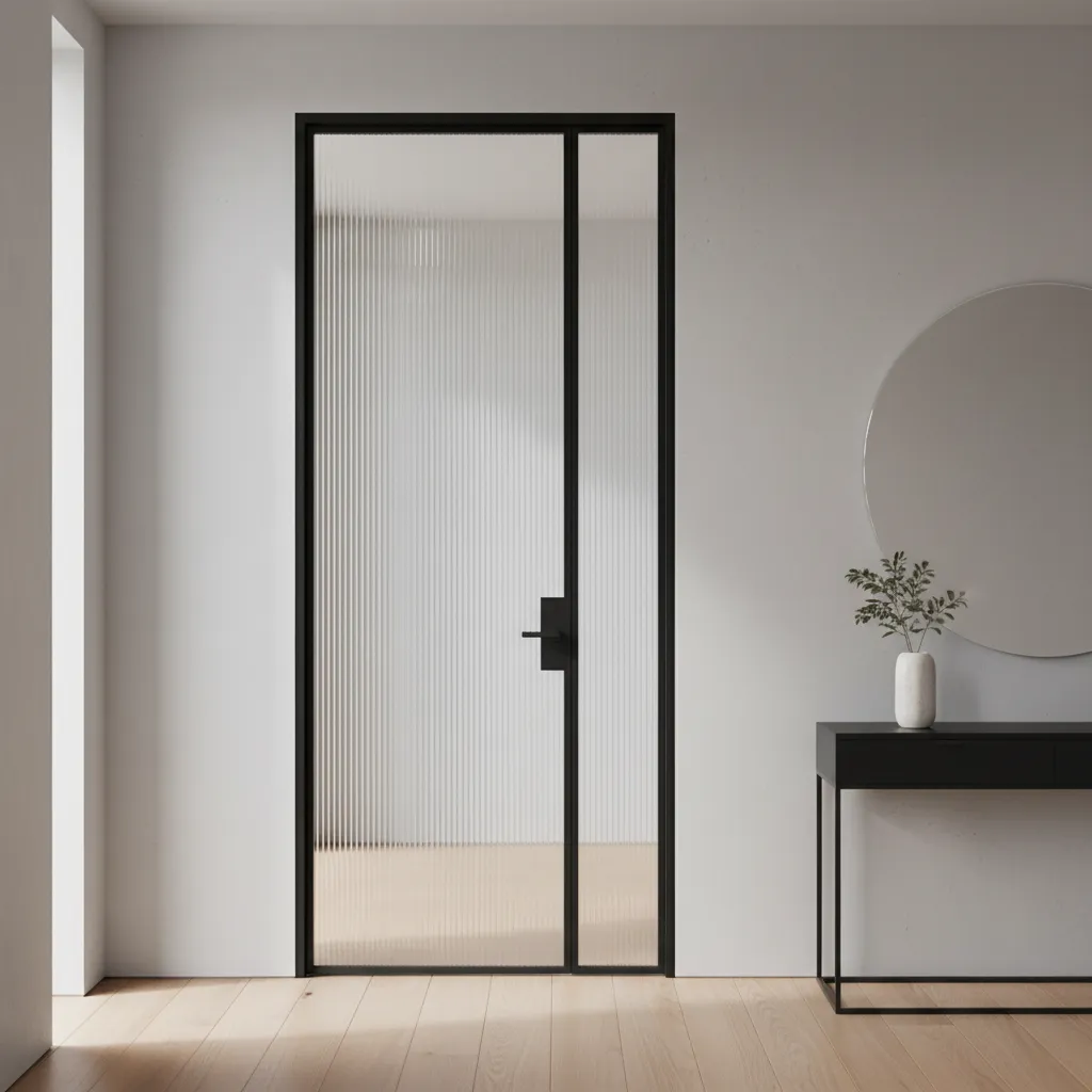 Modern black frame glass door with ribbed glass panel near console table and round mirror