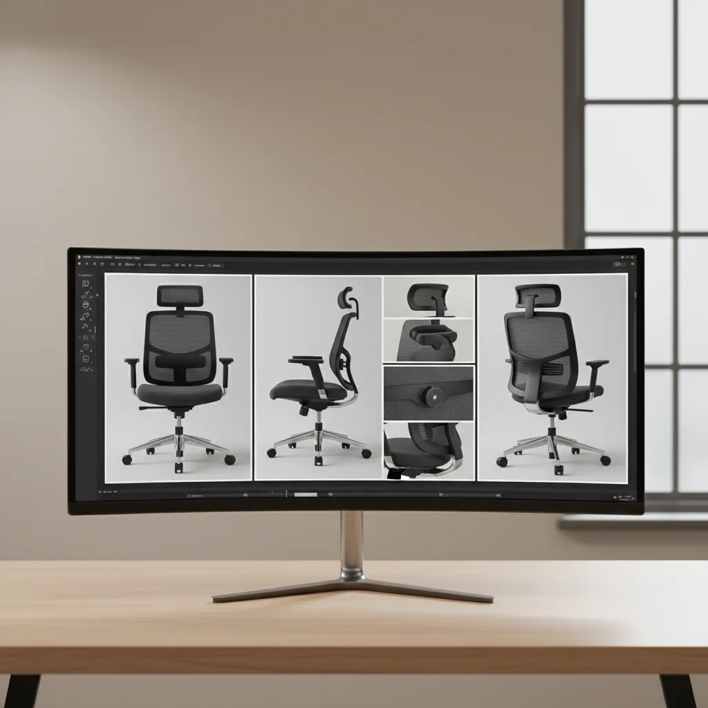 organized reference board with multiple angles of a furniture object for 3D modeling