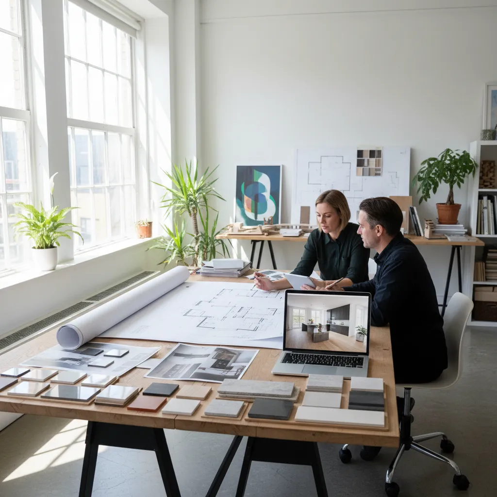 Estudio de diseño revisando referencias de interiores y planos
