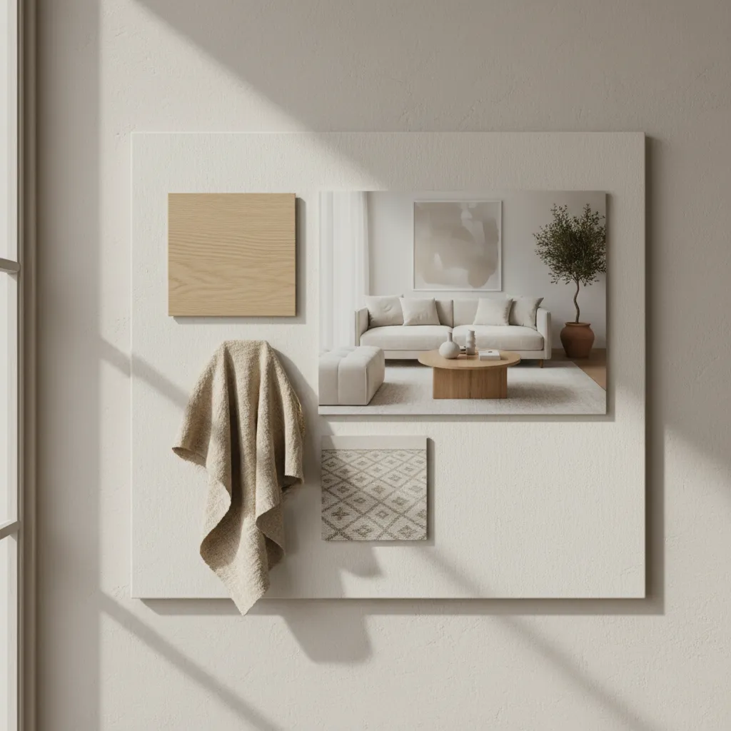 minimal refined interior design mood board with clean layout