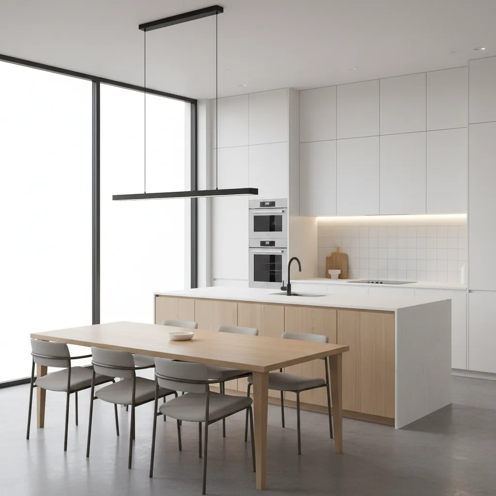 Refinished wooden dining table styled inside a modern kitchen interior