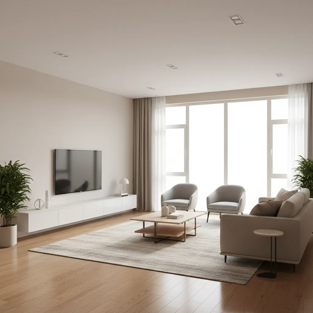 Living room with freshly refinished hardwood floors and modern furniture