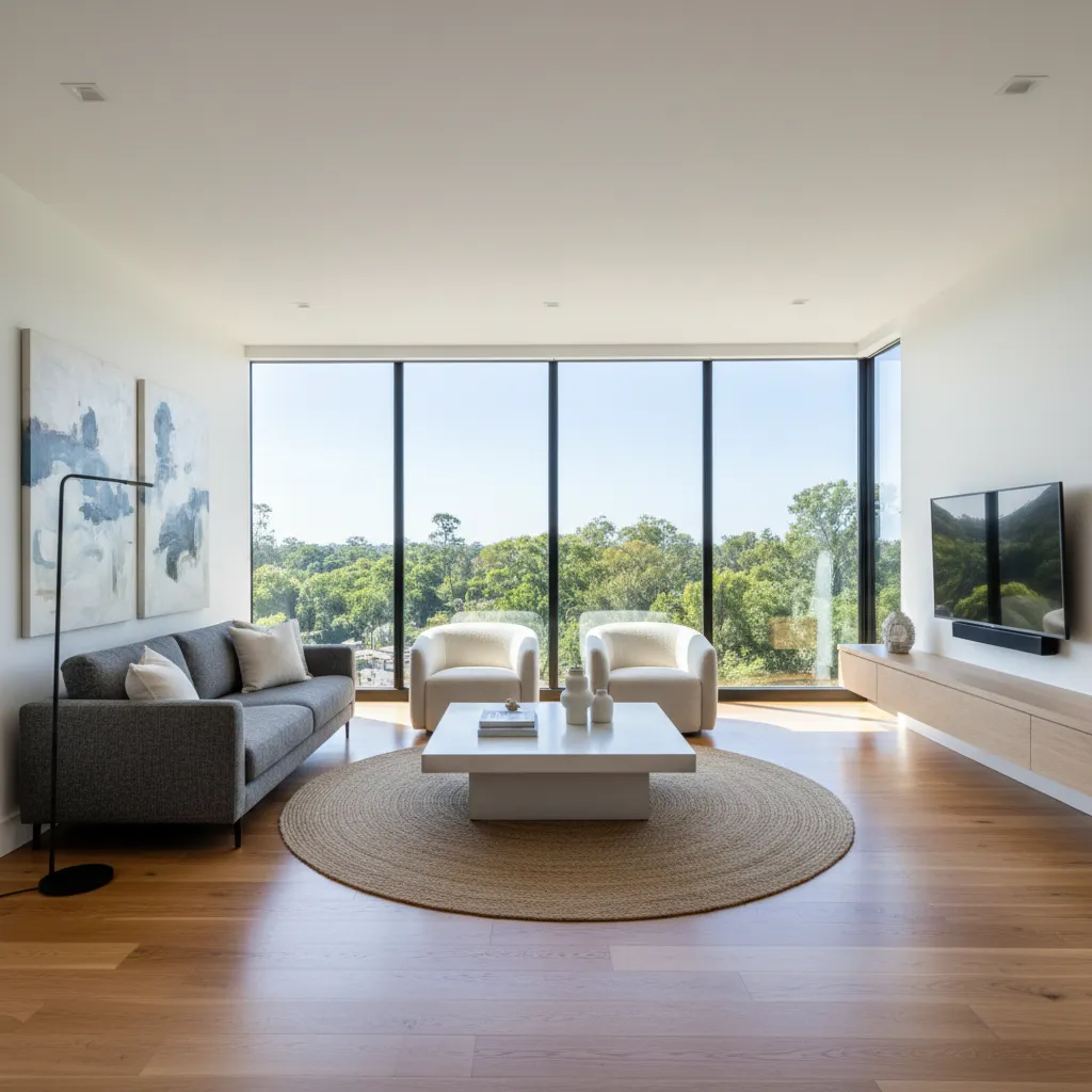 Beautiful living room with newly refinished hardwood flooring and modern furniture