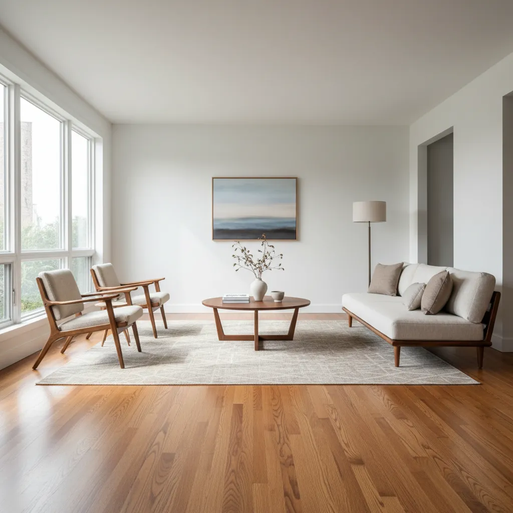 Living room with beautifully refinished original hardwood floors