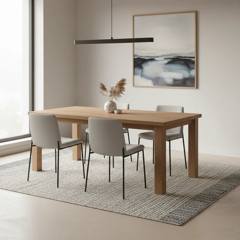Refinished wooden kitchen table with modern matte finish in dining area