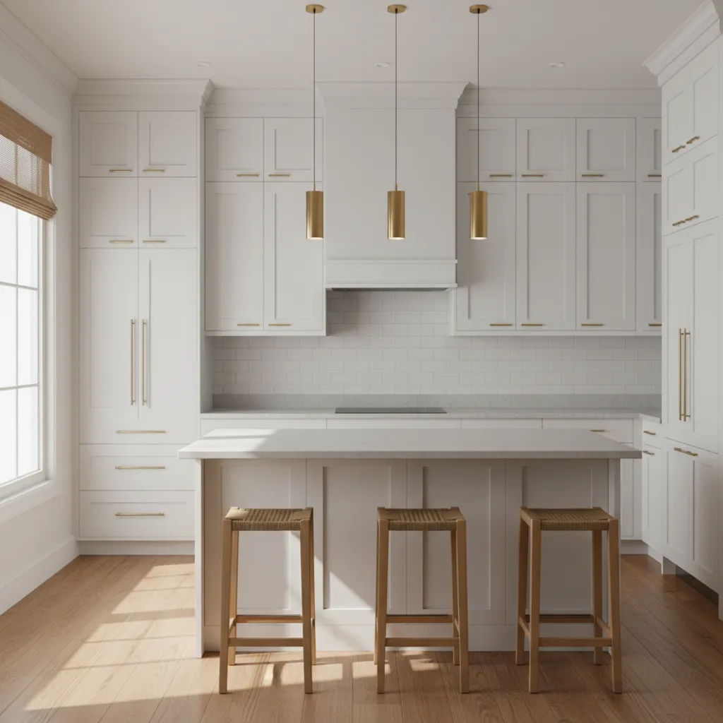 Refinished oak kitchen cabinets with updated paint and modern hardware