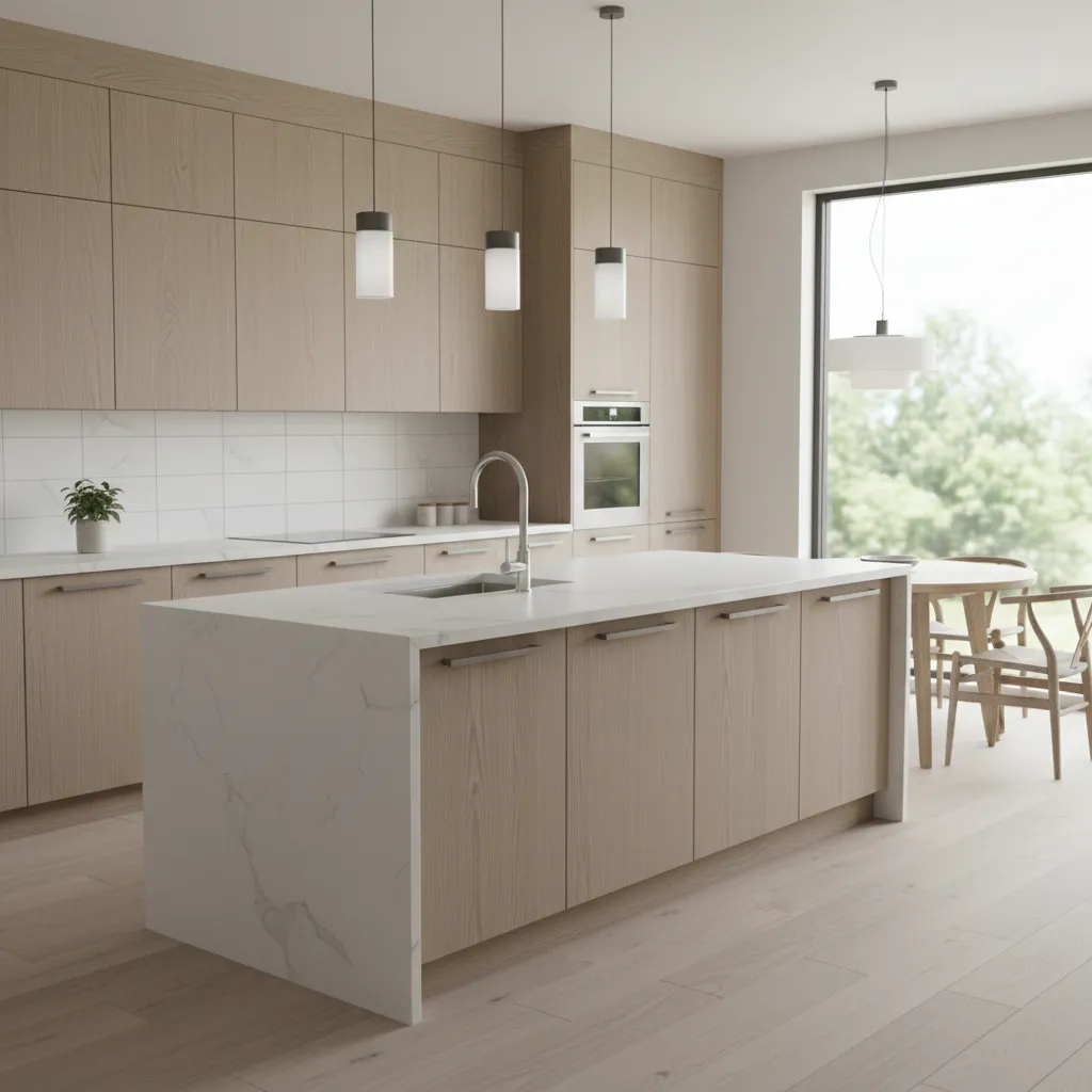 refinished oak kitchen cabinets in lighter natural stain with modern hardware