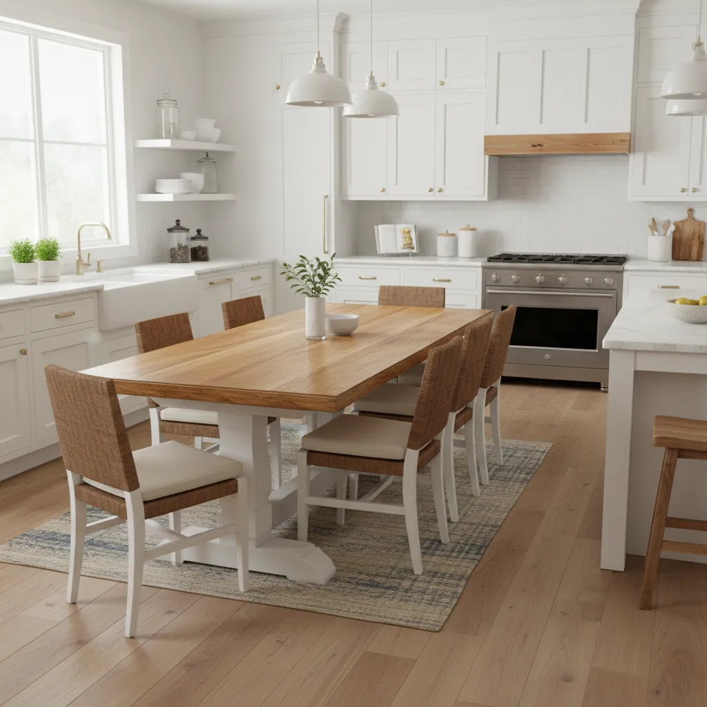 Two tone refinished kitchen table with natural wood top and painted base