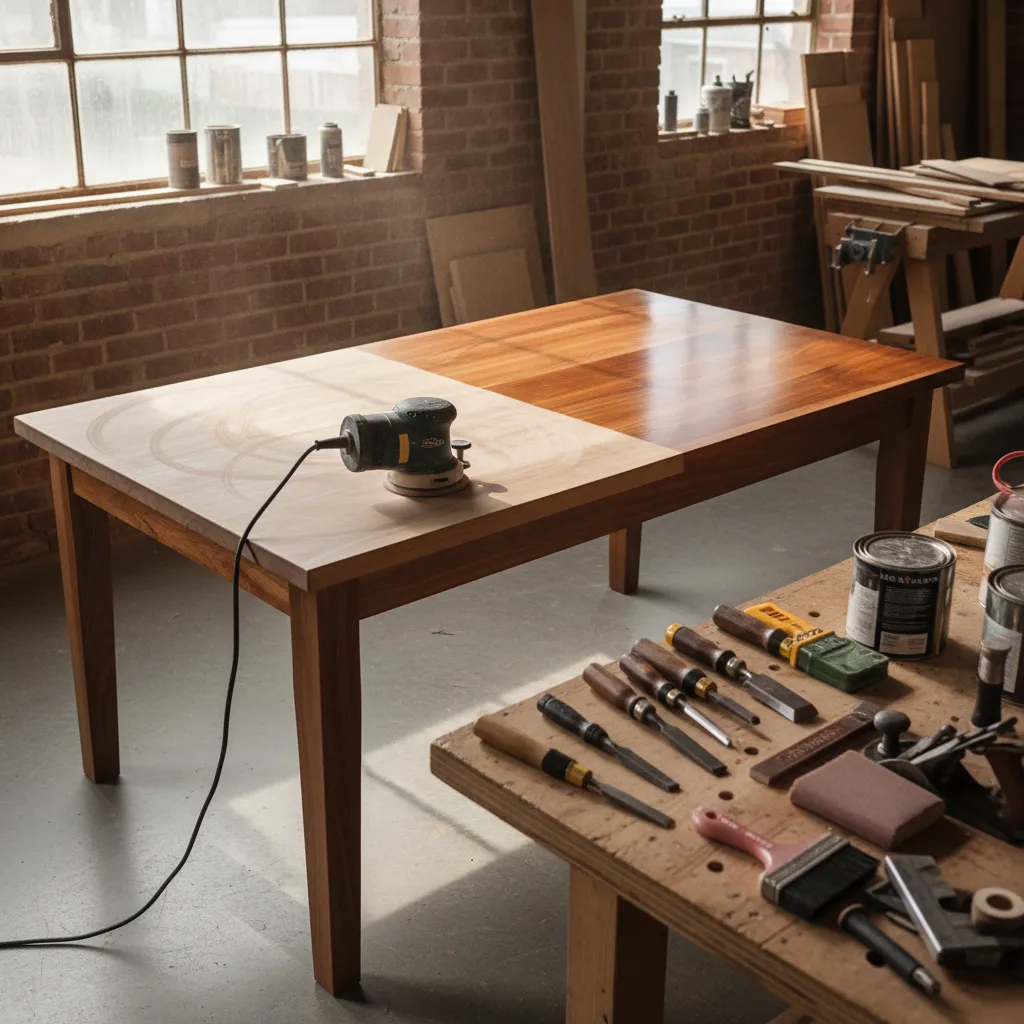 DIY refinishing process of sanding and coating a wooden kitchen table