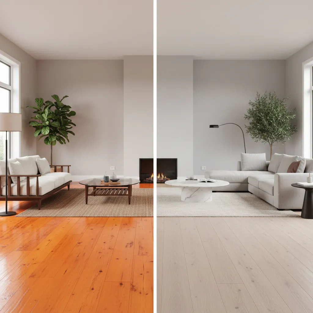 comparison of orange hardwood floor before and after refinishing to neutral oak tone