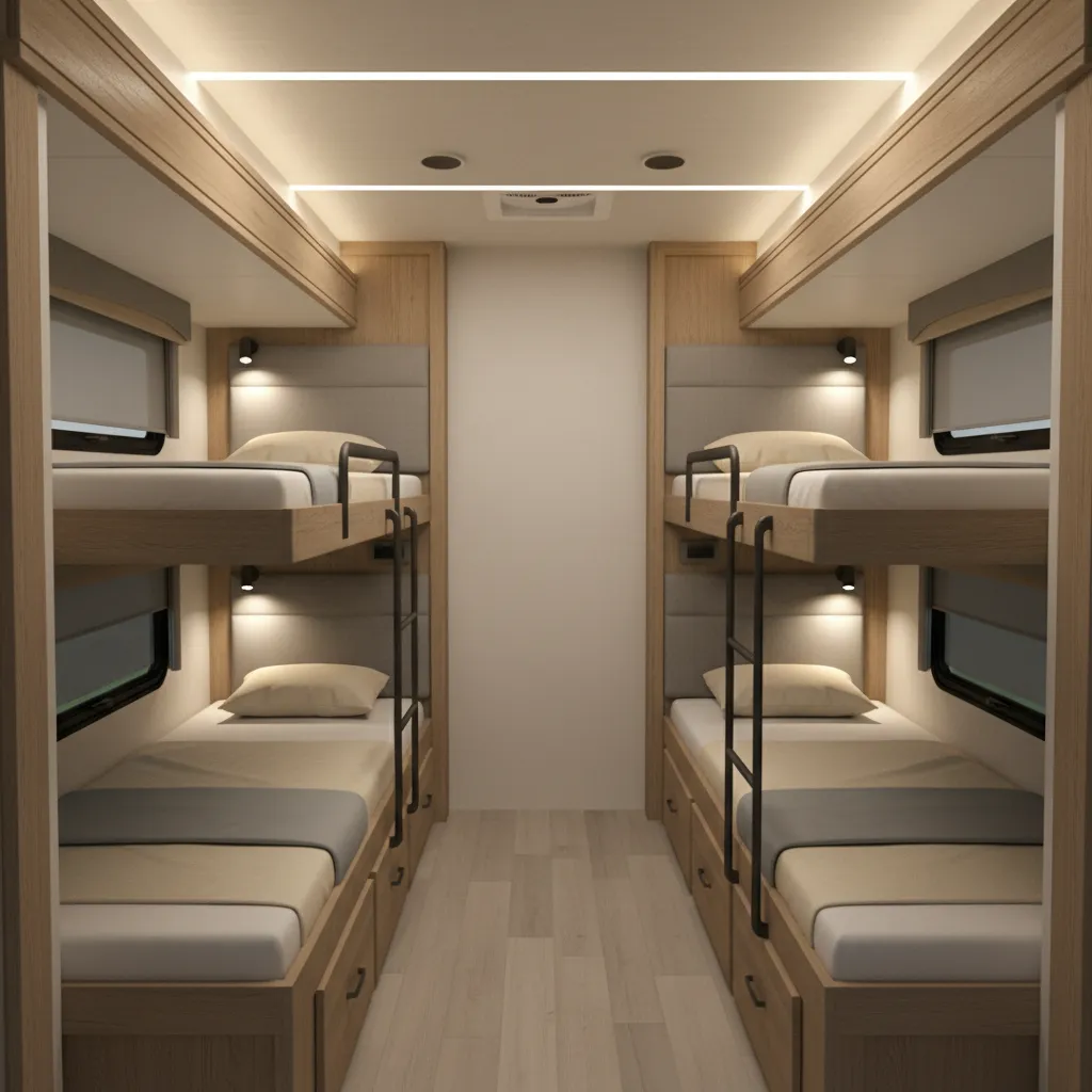 Grand Design Reflection bunkhouse RV interior with multiple beds