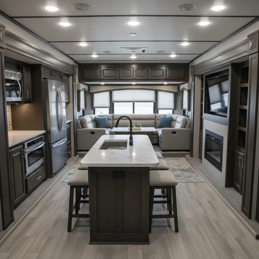 RV living room with opposing slide outs creating wide interior space