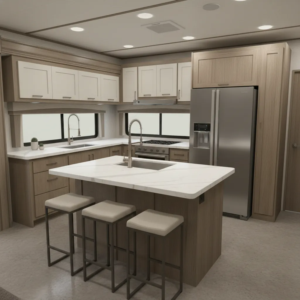 Grand Design Reflection RV kitchen with large island and residential appliances
