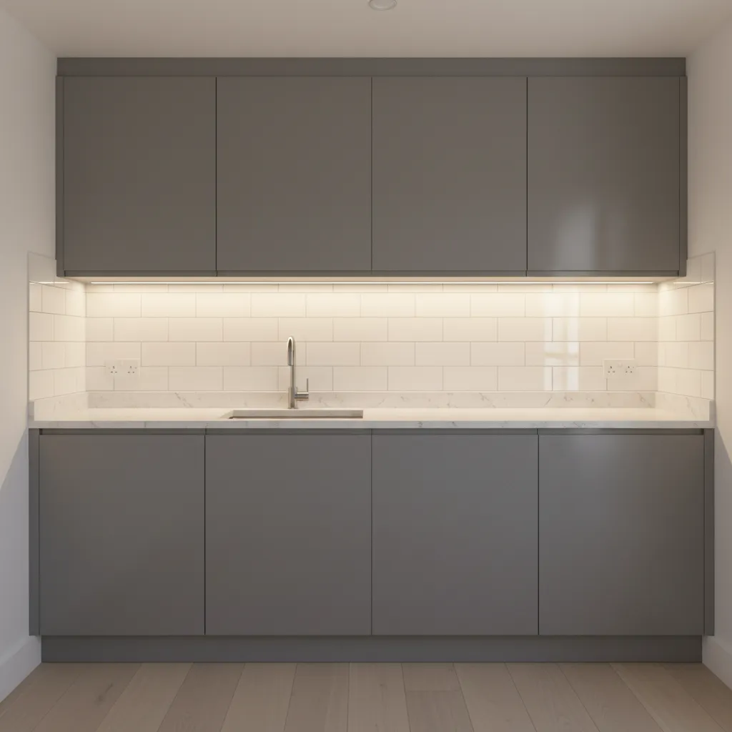 Glossy tile backsplash reflecting kitchen lighting