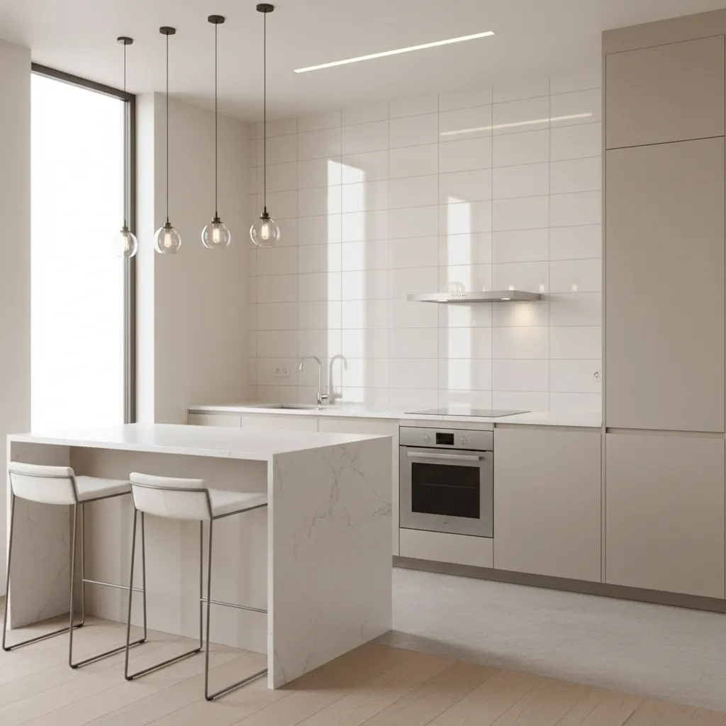 Small kitchen with glossy backsplash reflecting light to enlarge the space