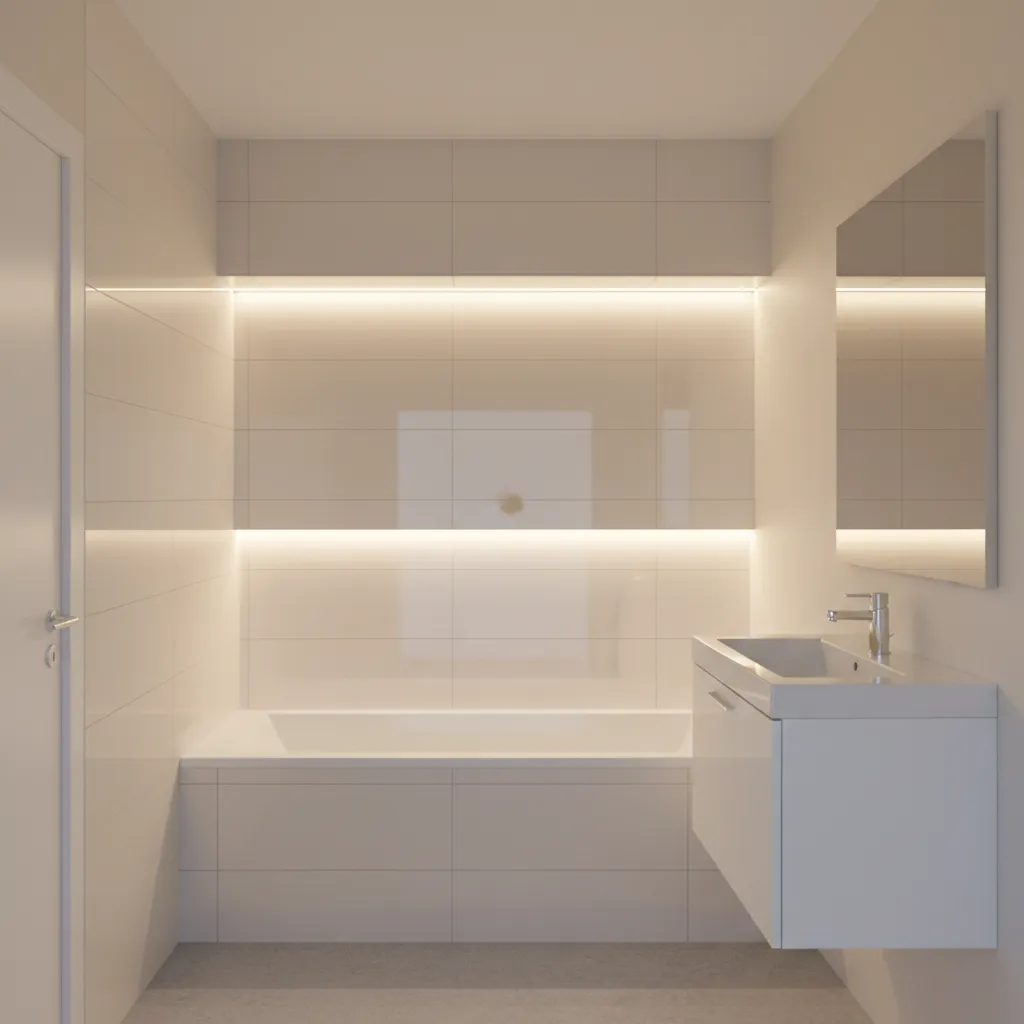 Glossy reflective tiles on bathtub wall enhancing brightness in small bathroom