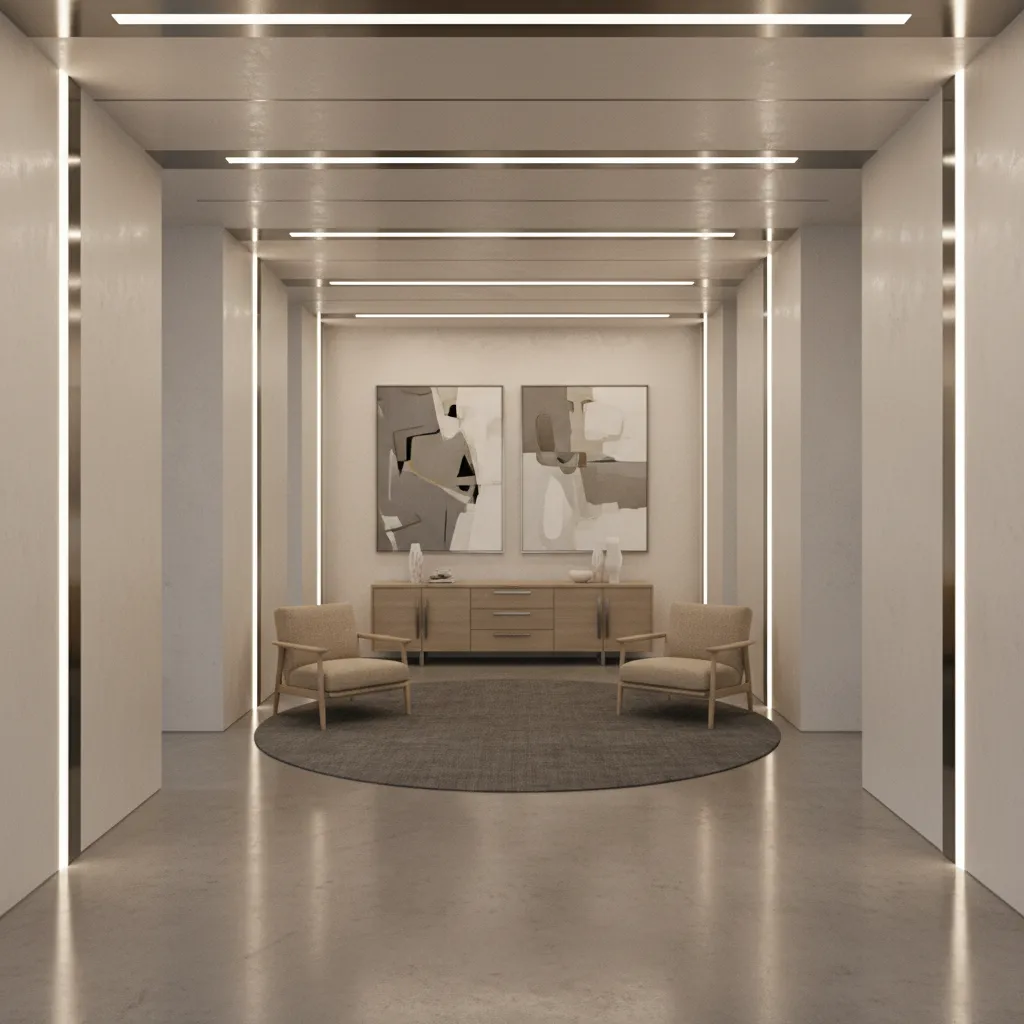 Modern hall with reflective ceiling trims enhancing lighting depth